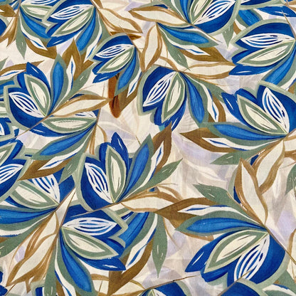Floral Cotton Fabric: 60s Style, Blue & Brown Print, 59" Wide