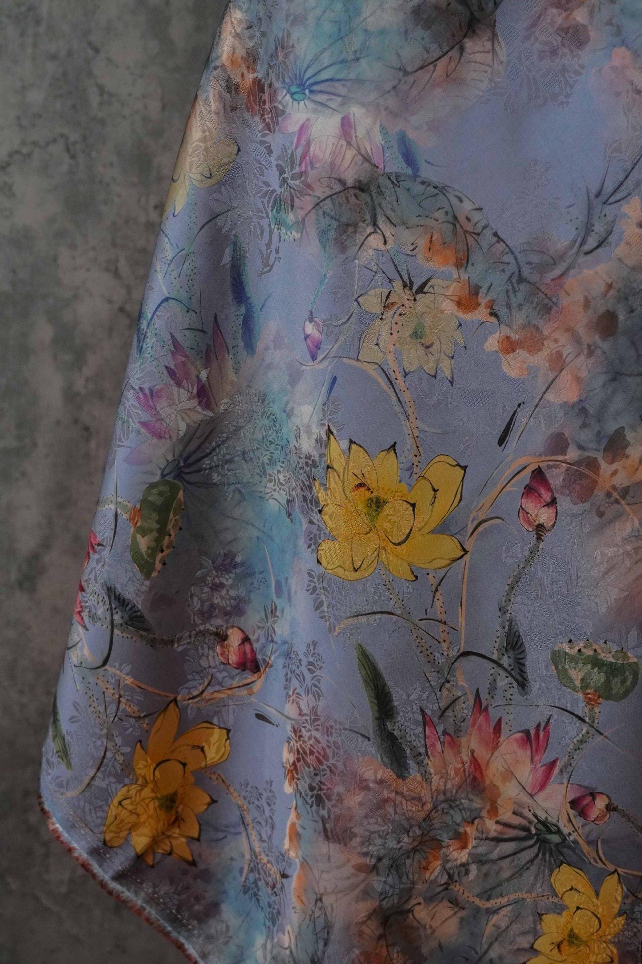 Lotus Flower Tea Silk Satin Fabric: Digital Print, 55" Wide