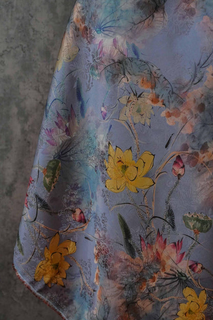 Lotus Flower Tea Silk Satin Fabric: Digital Print, 55" Wide