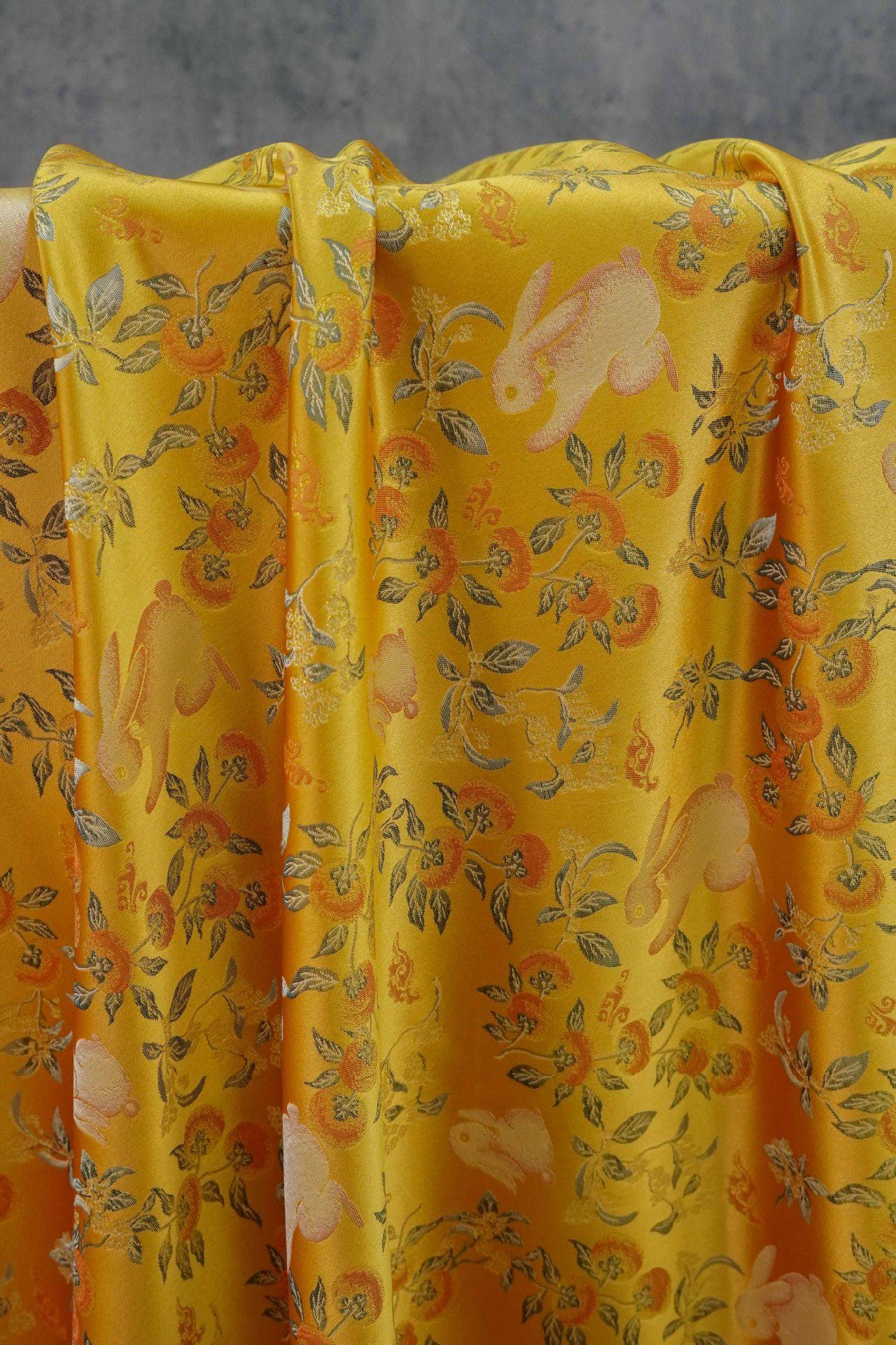 Floral Rabbit Brocade Fabric, Yellow Chinese Jacquard, 58" Wide