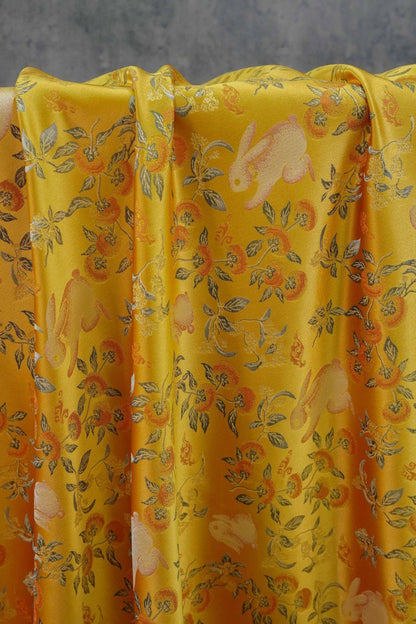 Floral Rabbit Brocade Fabric, Yellow Chinese Jacquard, 58" Wide