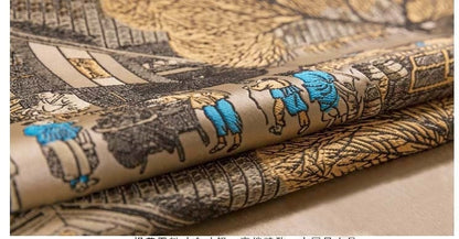 Khaki Silk Brocade Fabric: Ancient Chinese Painting, 118" Wide