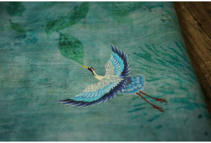 Jade Green Ramie Fabric: Crane Print, Soft Home Textile, 55"W