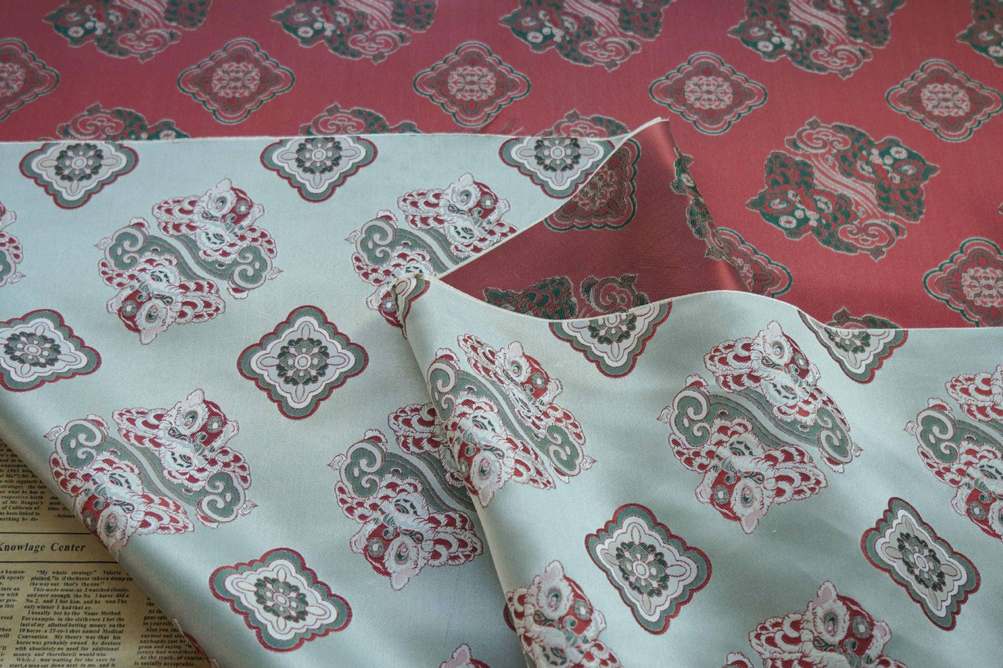Aqua Blue Silk Brocade Fabric: Chinese Fu Lion Design, 66"W