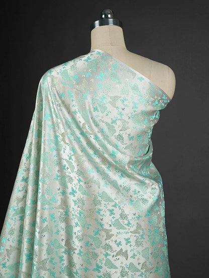 Tissu brocart de soie vert turquoise : jacquard à motifs floraux papillons, 147 cm de large