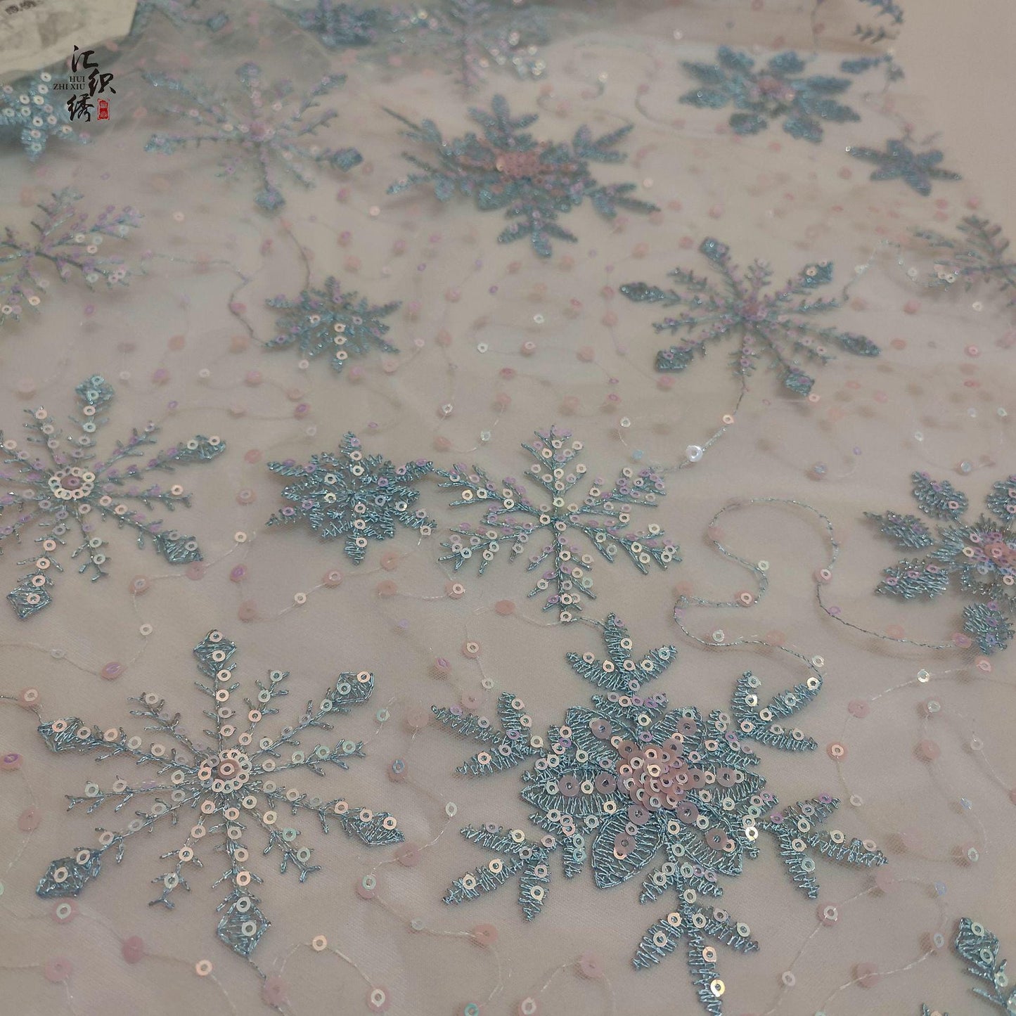 Sequin Snowflake Embroidery Lace Fabric: Bridal Wedding Dress, Gown (50"W)
