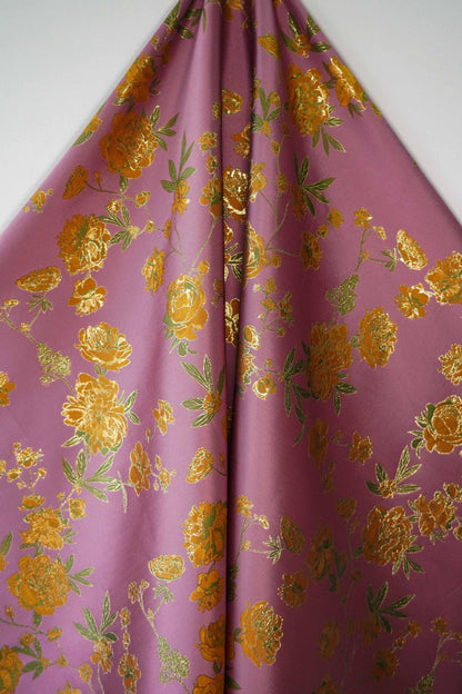 Gold Thread Purple Jacquard Fabric: Peony Pattern, 59" Wide