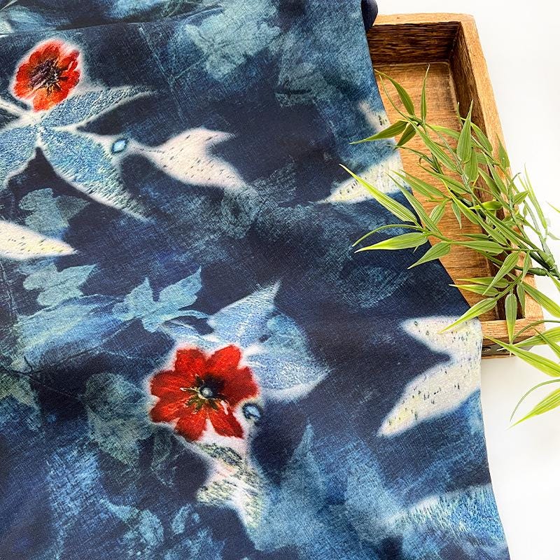 Indigo Butterfly Floral Cotton Fabric ��� Red Accent Pri" Wide
