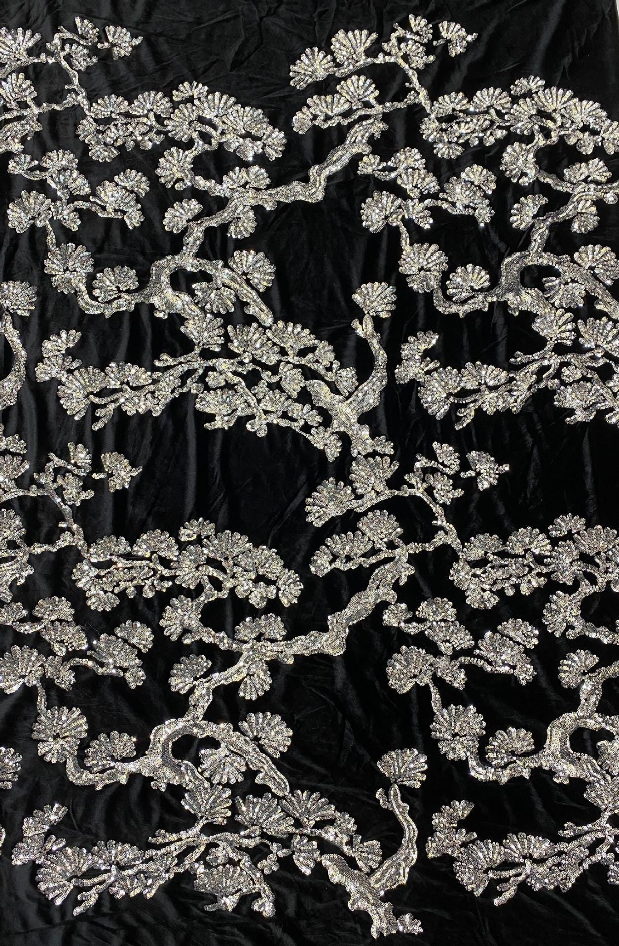 Velvet Embroidery Fabric: Beaded Pillar Design, 43"W Designer Material