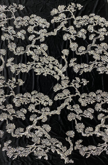 Velvet Embroidery Fabric: Beaded Pillar Design, 43"W Designer Material