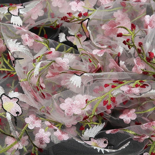 Floral Bird Embroidery Lace Fabric: Bridal Wedding Tulle (53"W)