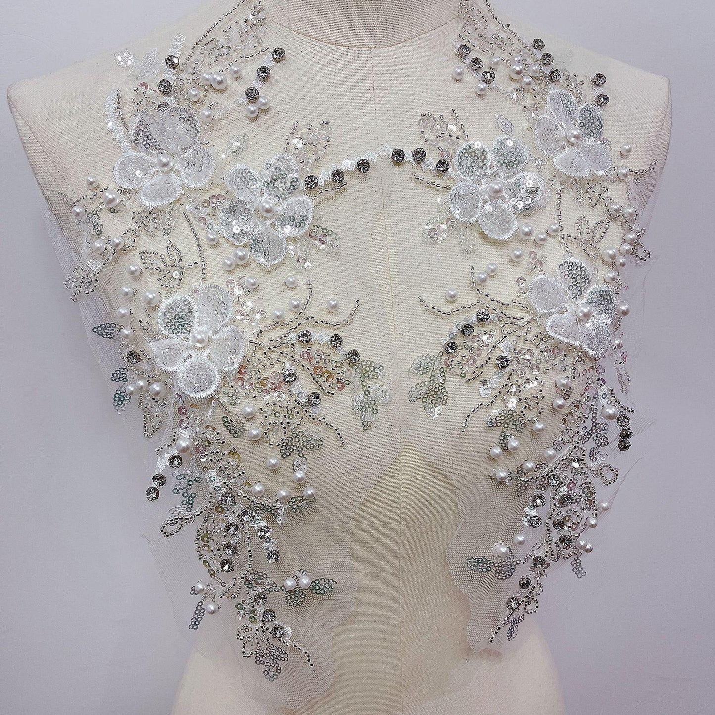 Embroidered Lace Trim: Light Ivory Bridal Applique with Sequins (By Pair)