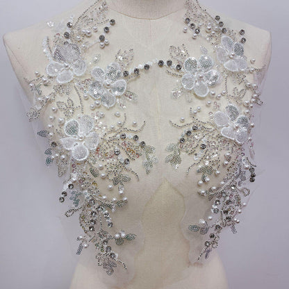 Embroidered Lace Trim: Light Ivory Bridal Applique with Sequins (By Pair)