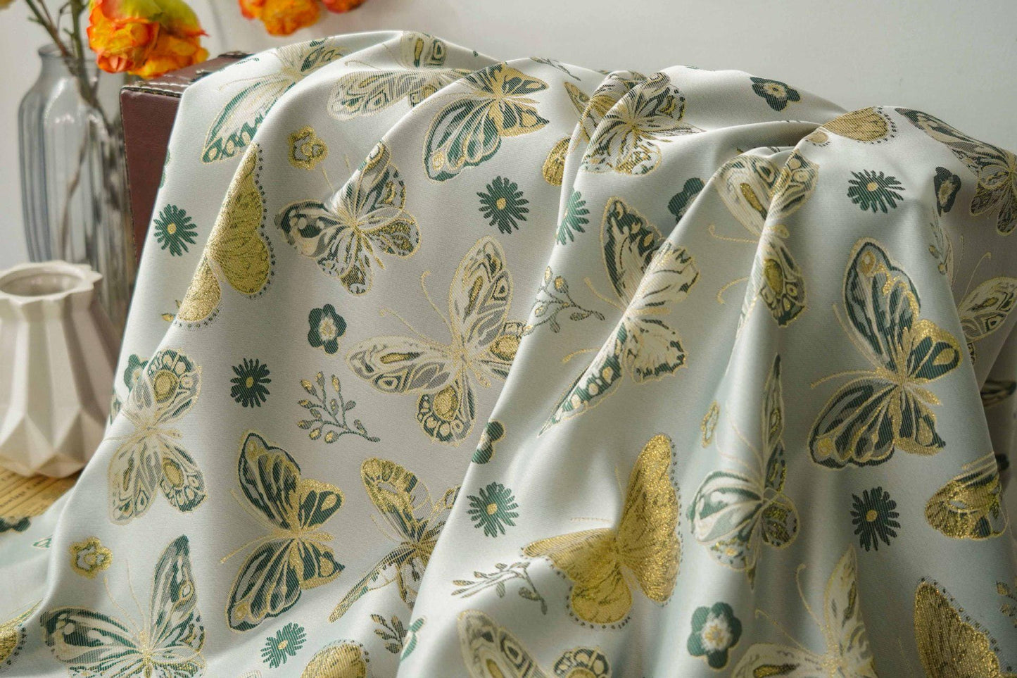 Gold Thread Butterfly Jacquard Fabric: Beige Costume & Upholstery Fabric