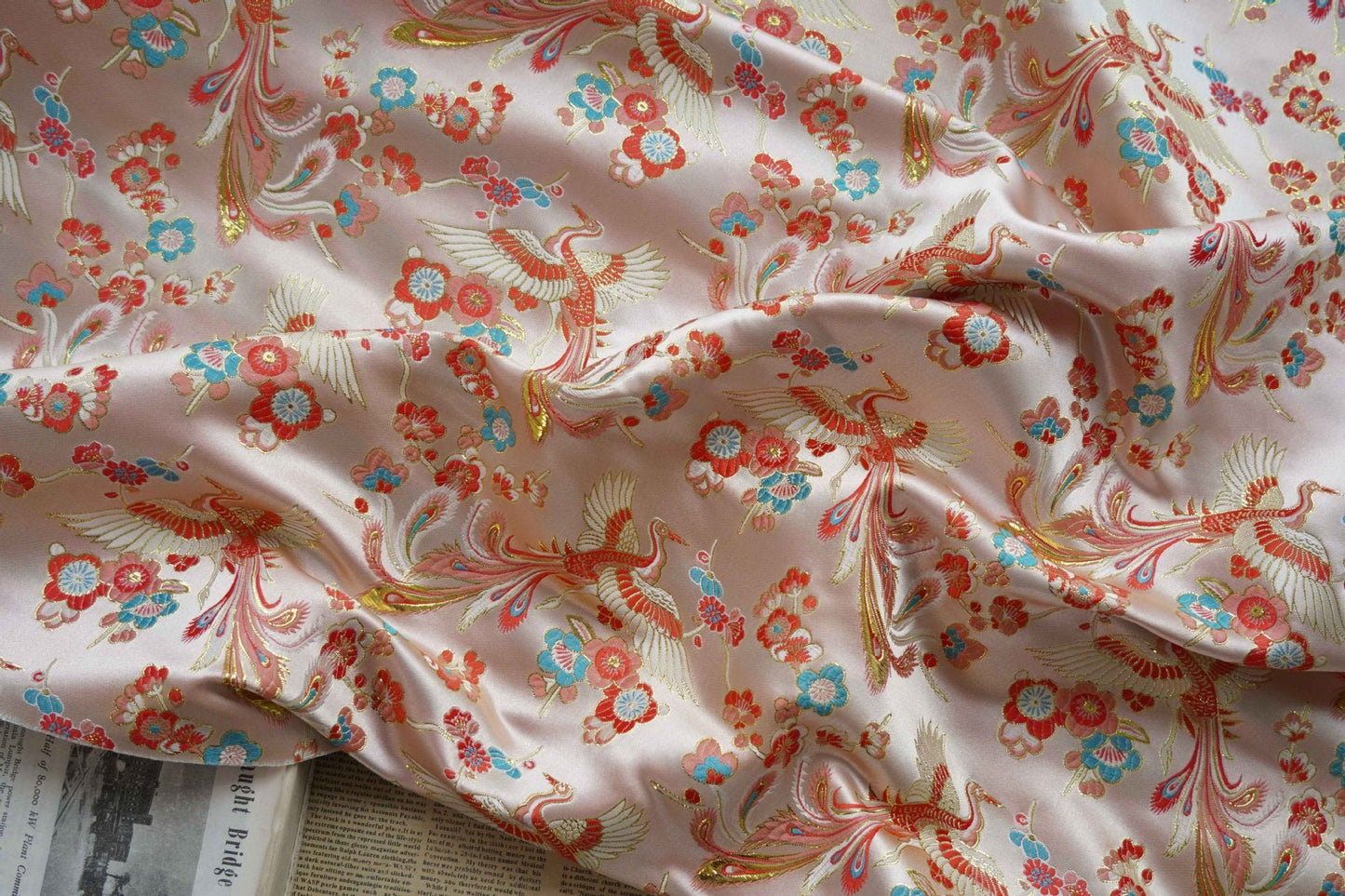Phoenix Bird Brocade Fabric: 60"W Jacquard Satin, Home Decor Sewing Fabric