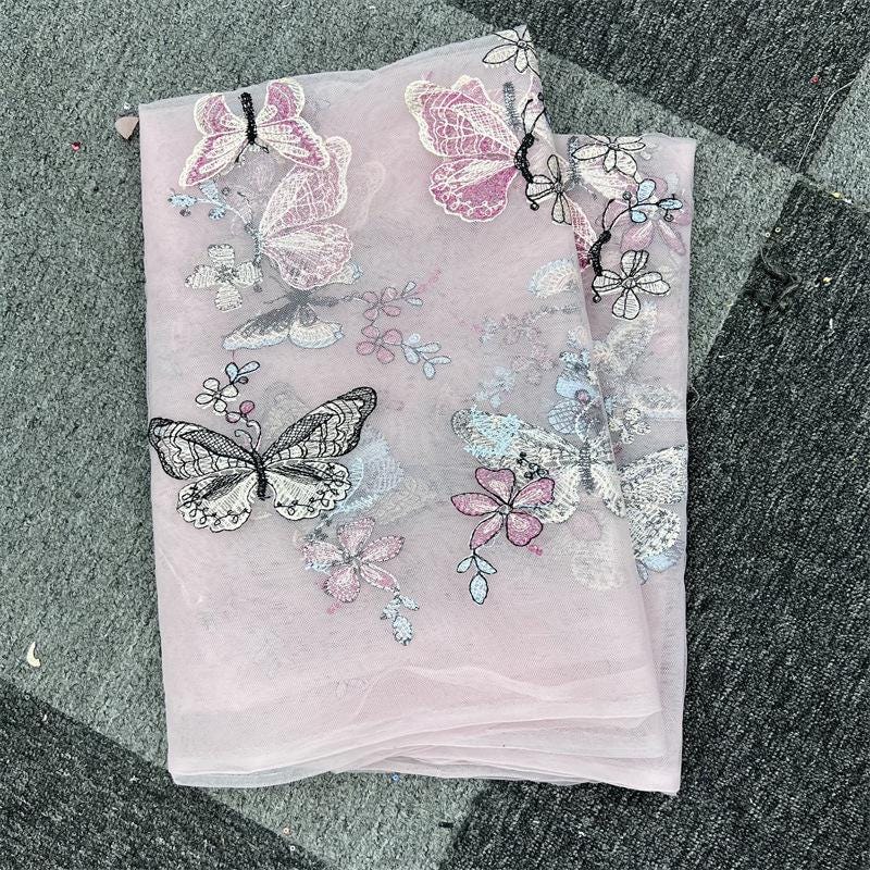 Embroidered Butterfly Lace Fabric: Sequin Tulle Mesh, 59" Wide