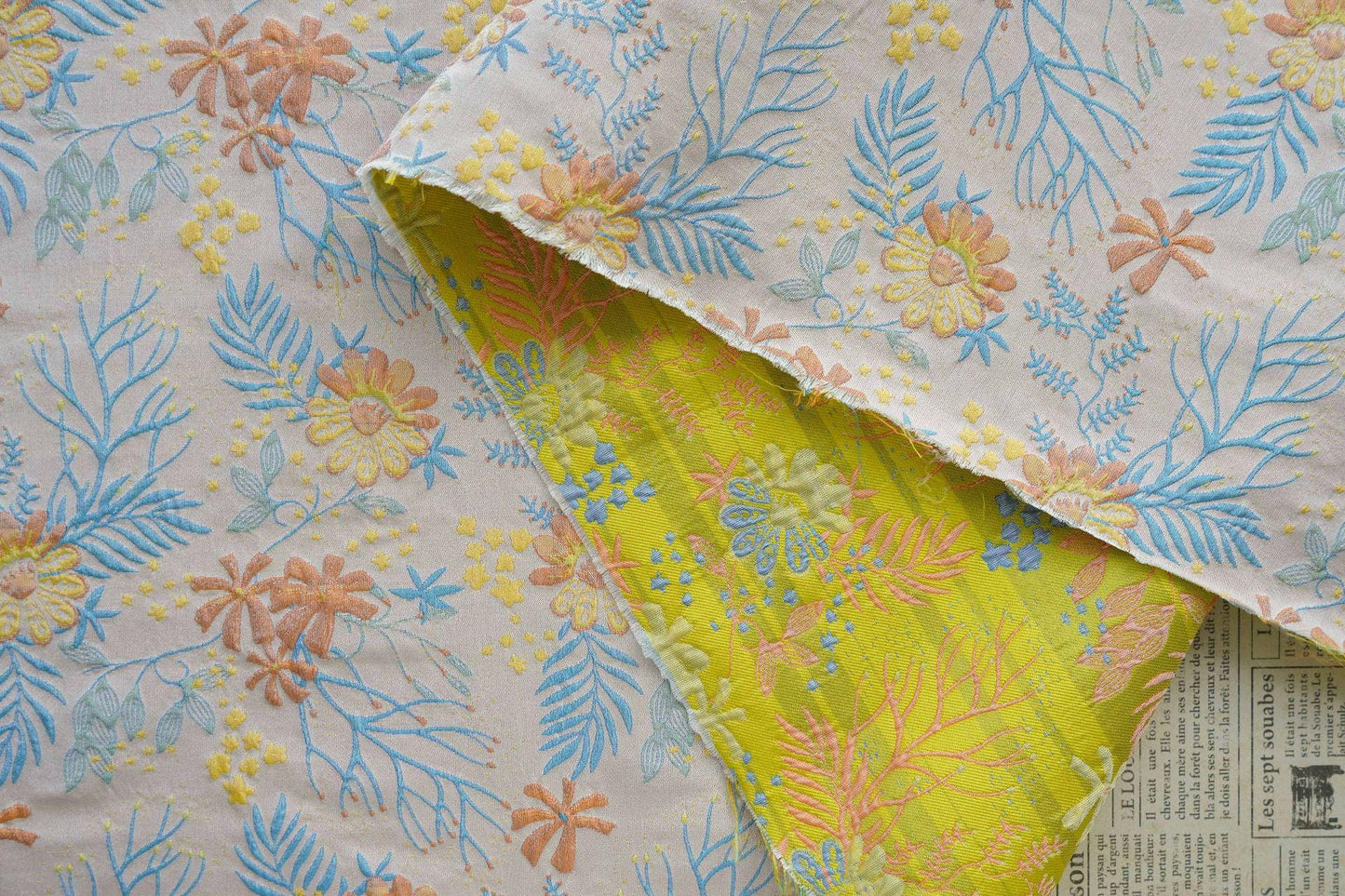 Reversible Jacquard Woven Fabric: Blue & Yellow Floral Upholstery, Costume, Decor - 64"W