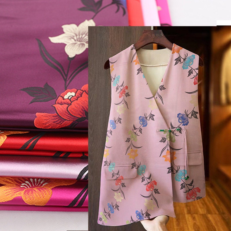 Rose Floral Jacquard Satin Fabric: Tibetan Robe, Upholstery (29.5"W)