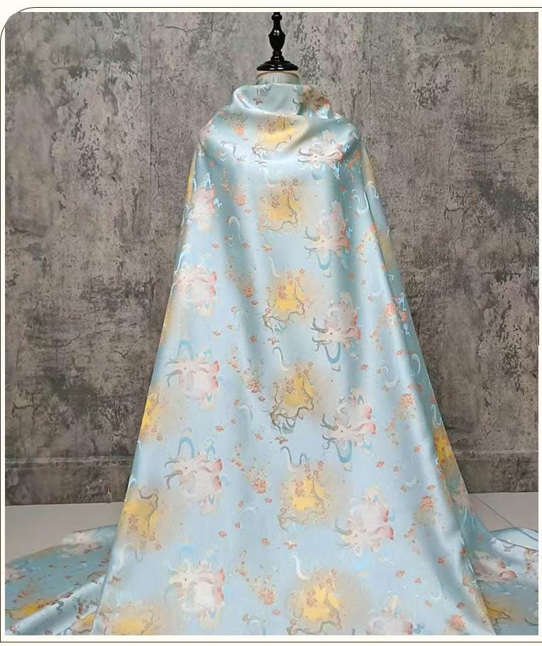 Color���Woven Jacquard Brocade Fabric with Gold Thread ��� Auspicious White & Multicolor" Wide