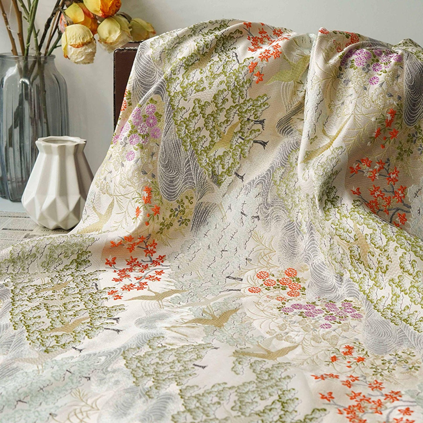 Jacquard Upholstery Fabric: Chinese Painting Pattern, Gold Thread (59" Wide, By The Meter)