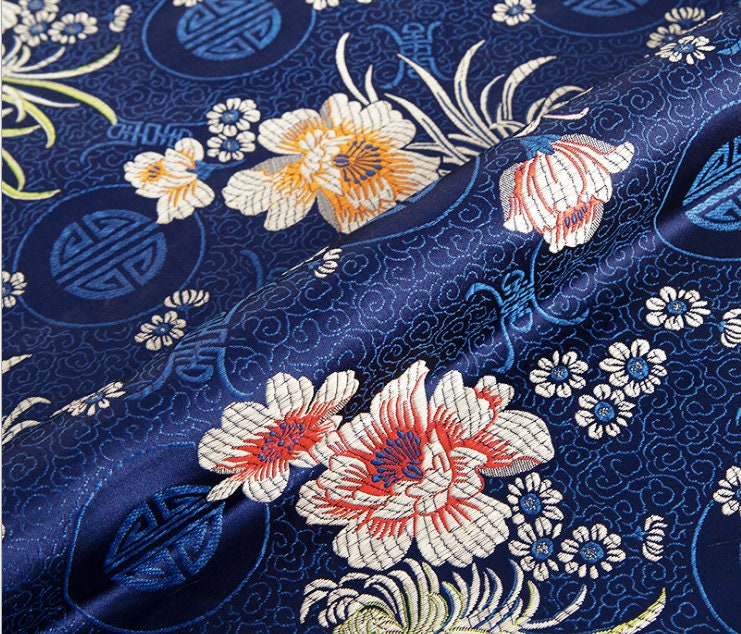 Chrysanthemum Brocade Fabric: Red & Yellow Floral Damask (29.5"W)