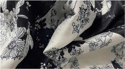 Floral Herringbone Satin Fabric: Black & White Print, 59" Wide