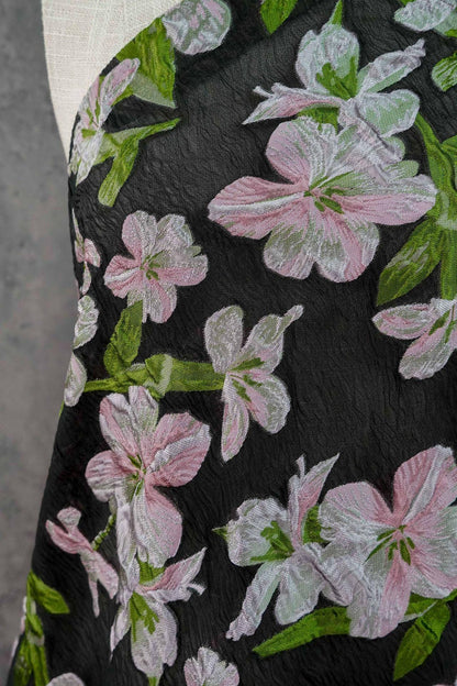 Black Embossed Floral Jacquard Fabric: Pink Flower Brocade, 55" Wide