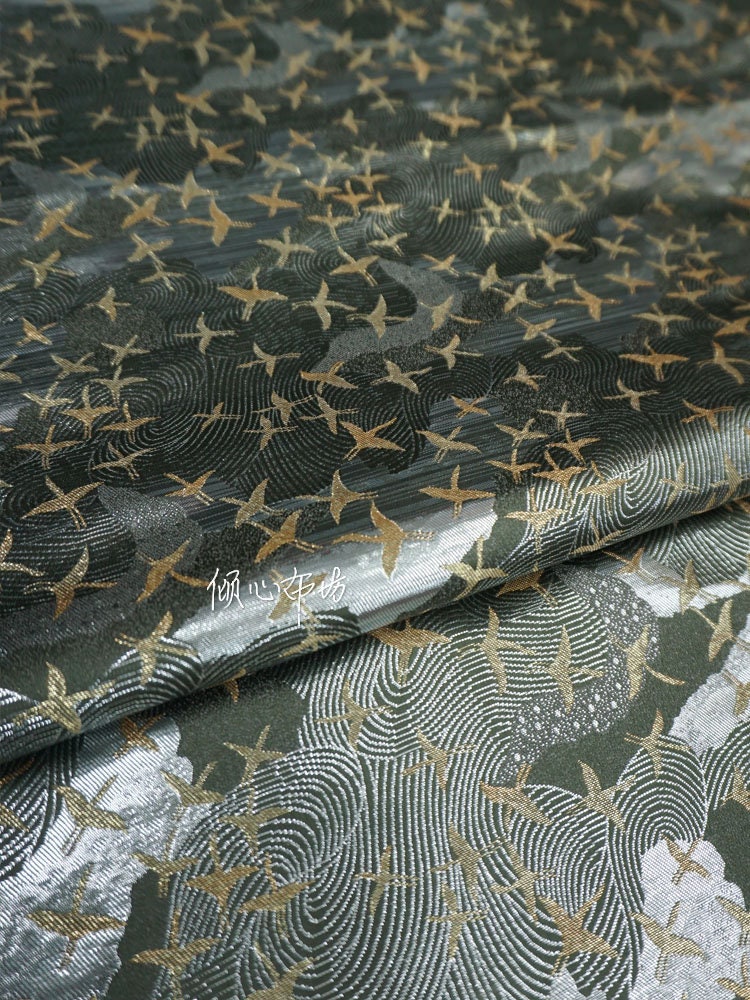 Crane Jacquard Satin Fabric: Silver Grey Retro Brocade, 29.5"W