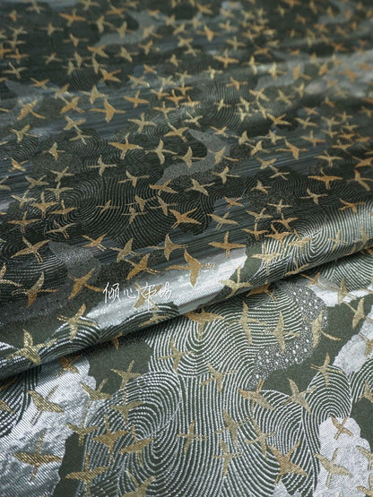 Crane Jacquard Satin Fabric: Silver Grey Retro Brocade, 29.5"W
