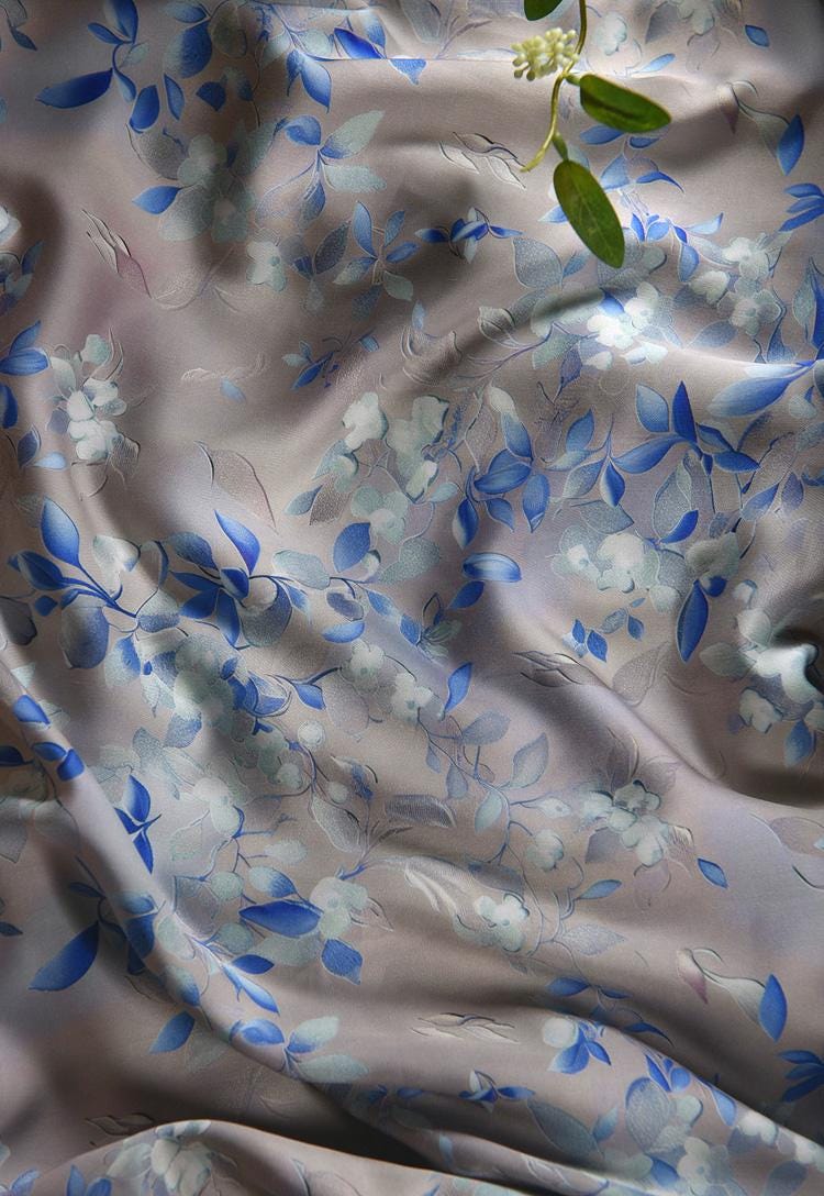 Gray Blue Cotton Sateen Fabric: Snowy Elegance Print, 55" Wide