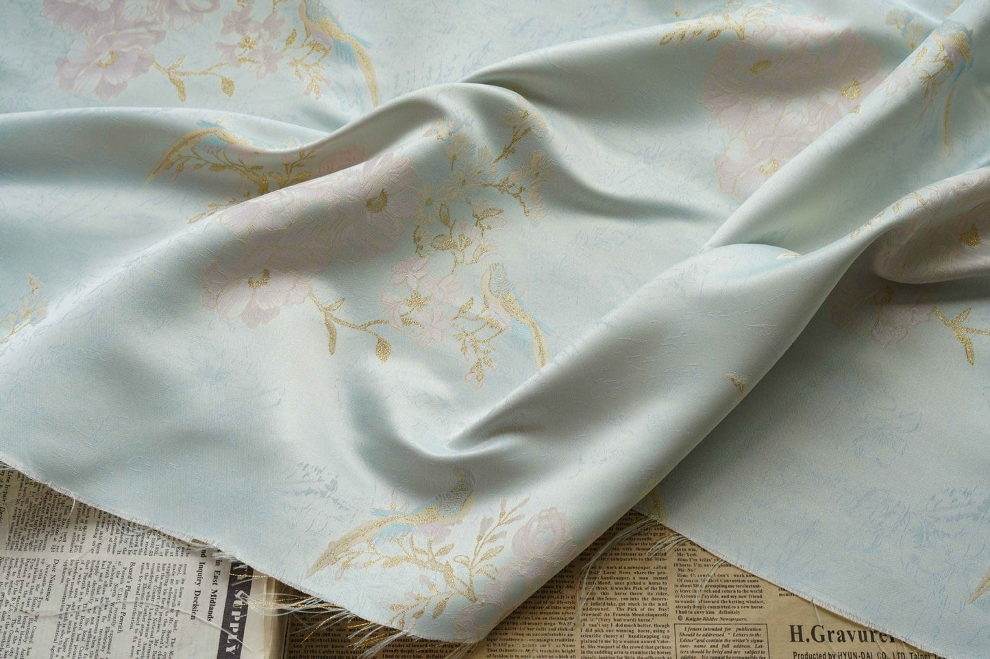 Gold Bird Flower Jacquard Damask Fabric: Rayon Blend Sewing Material