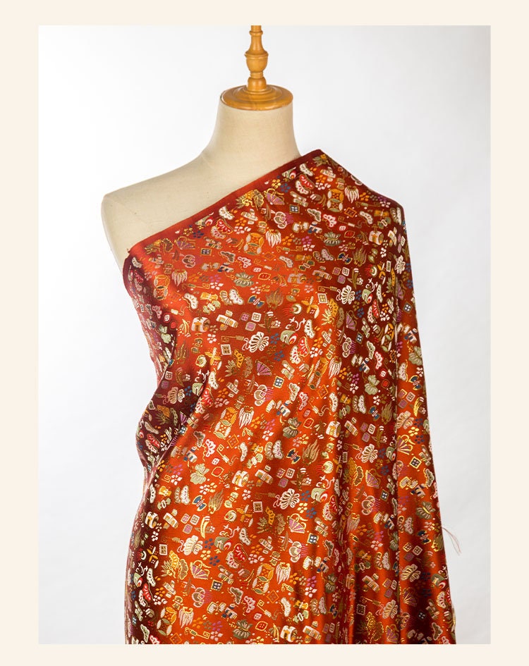 Japanese Silk Brocade Fabric: Eight Treasures Damask, Kimono Sewing (59" or 29.5" Width)