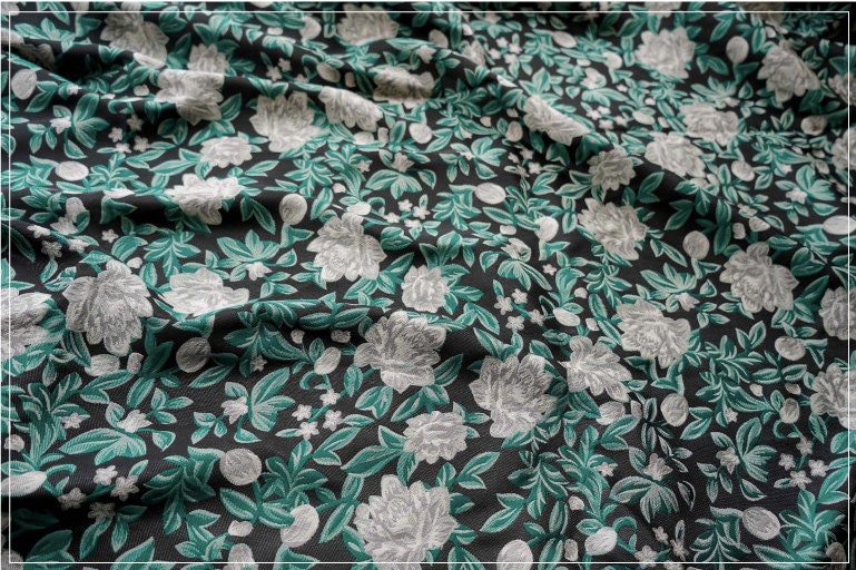 Green Floral Jacquard Fabric: 3D Embossed Cotton Polyester Blend, 59" Wide