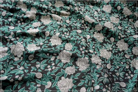Green Floral Jacquard Fabric: 3D Embossed Cotton Polyester Blend, 59" Wide