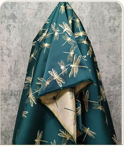 Gold Dragonfly Brocade Fabric: Elegant Cheongsam & Dress Textile