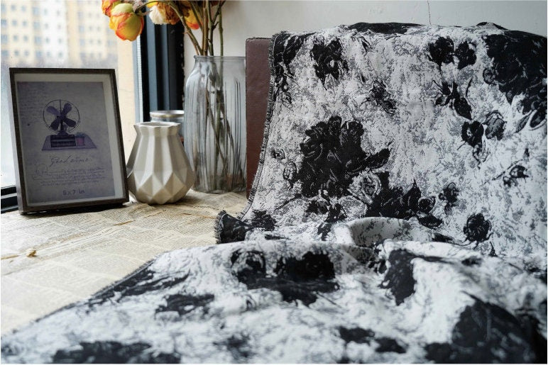 Black & White Floral Jacquard Fabric: 57"W Rayon Blend, Costume Decor