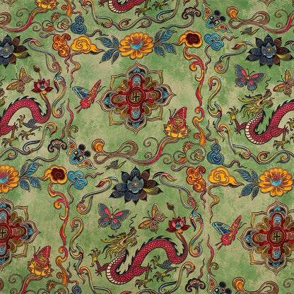 Floral Dragon Print Rayon Fabric - Gambiered Canton Gauze 59"