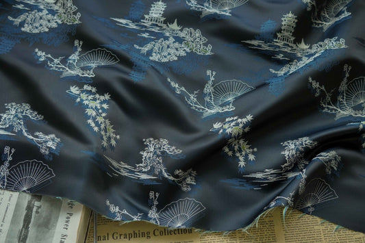 Tissu Jacquard : Mélange soie-rayonne à motif éventail ancien, 170 cm de large
