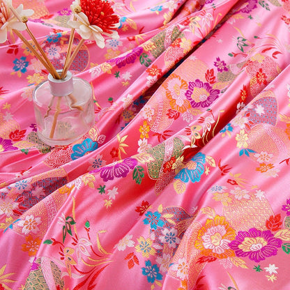 Tissu brocart jacquard à motif d'hortensias : rayonne à fleurs rouges, 150 cm de large
