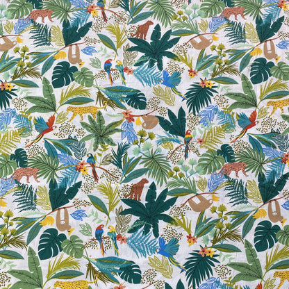 Tissu en coton tropical : imprimé paresseux, léopard, perroquet (58" de large)