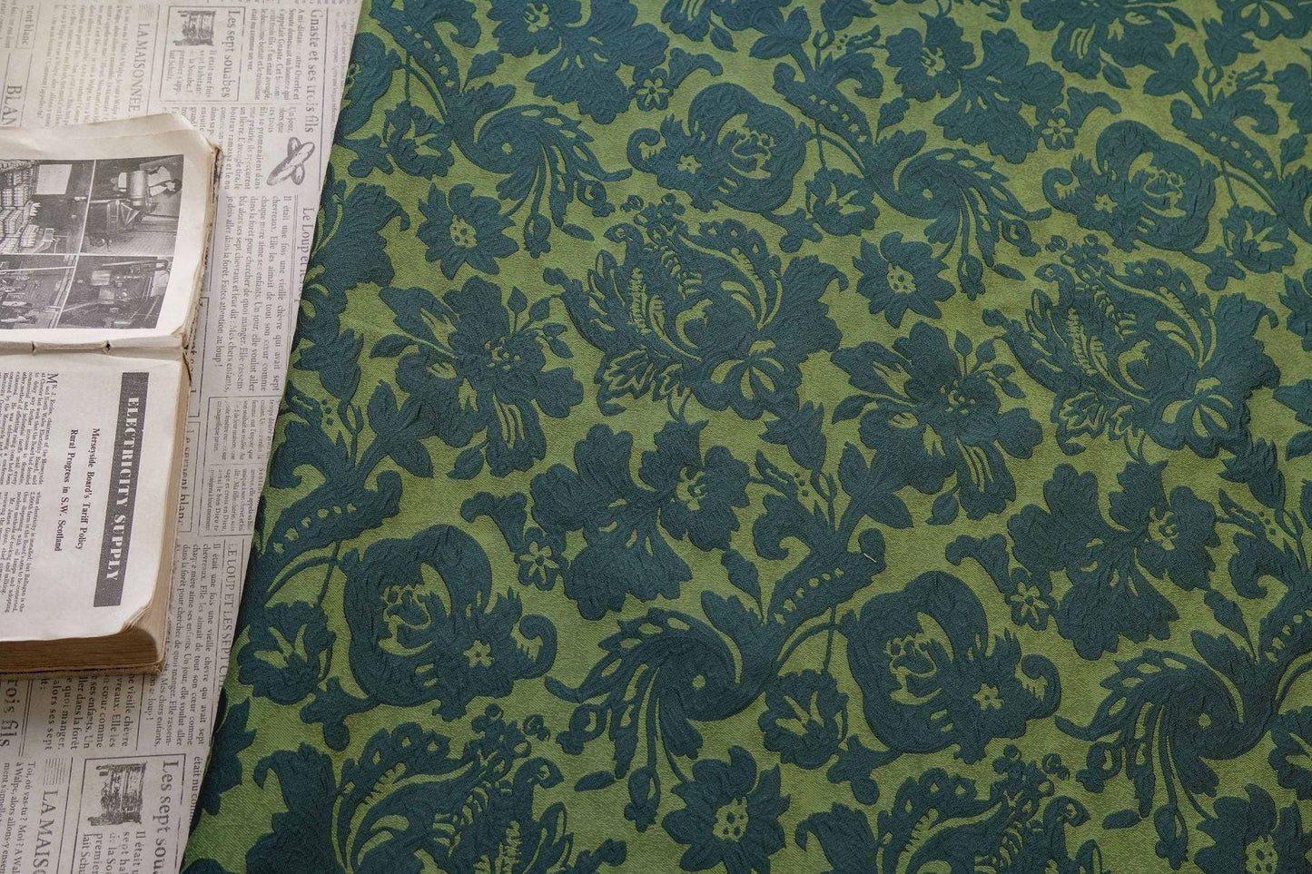 Embossed Floral Jacquard Fabric ��� Green Vintage Style Upholste" Wide