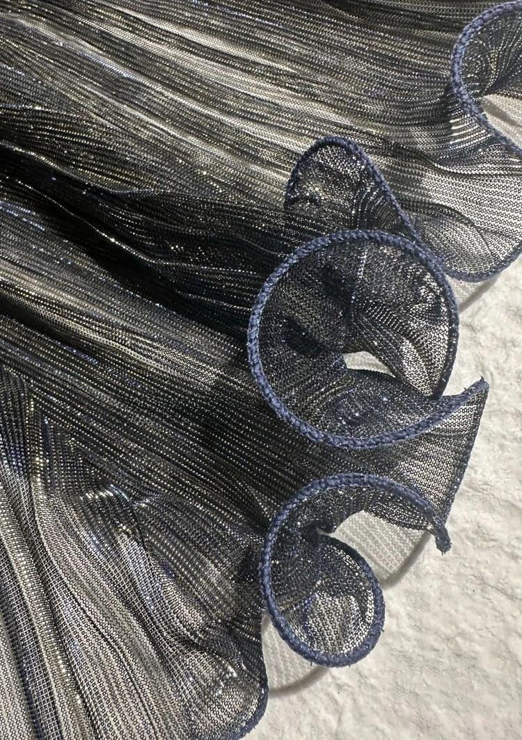 Blue Gold Glitter Pleated Organza Mesh Fabric, 59"W, Shiny Sheer