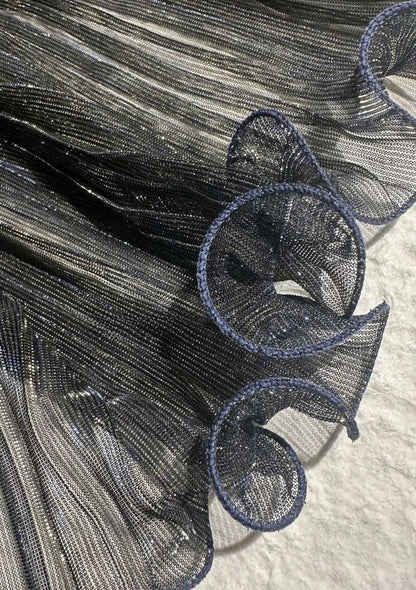 Blue Gold Glitter Pleated Organza Mesh Fabric, 59"W, Shiny Sheer