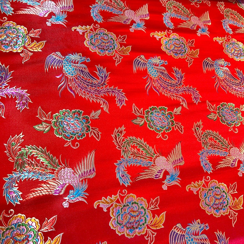 Tissu brocart phénix pivoine rouge : Décoration de costume porte-bonheur (largeur 59 pouces)