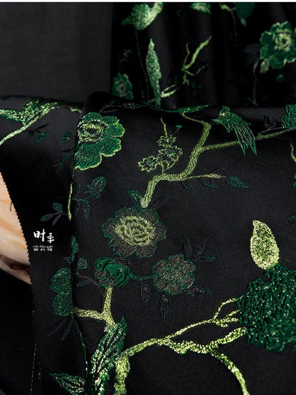 Black & Jade Green Brocade Fabric | 3D Textured Jacquard, 55" Wide
