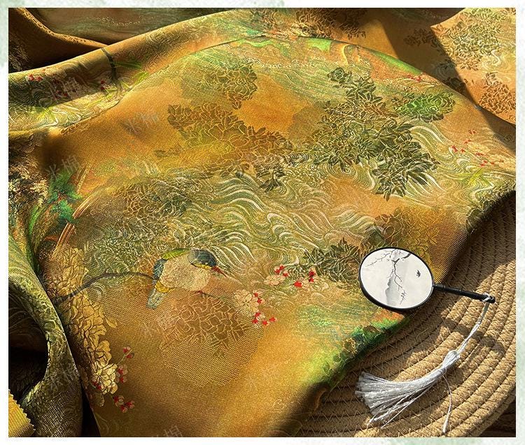 Rayon Silk Jacquard Xiangyun Fabric ��� Emerald Gold Feather Handwoven Textile for Dress, Cheongsam, DIY Sewing, Costume Fabr" Wide