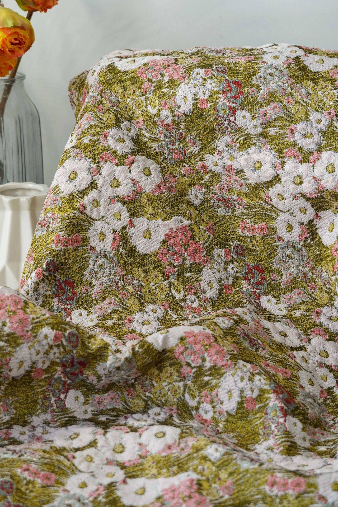 Reversible Floral Jacquard Fabric: 3D Embossed Green Woven Upholstery, 59" Wide