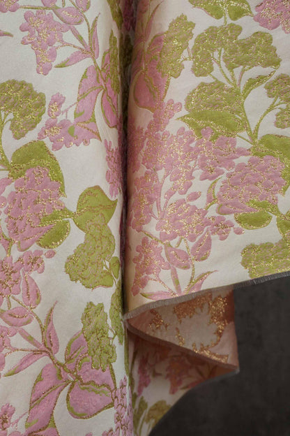 Pink Floral Jacquard Brocade Fabric with Gold Thread, 58" Wide