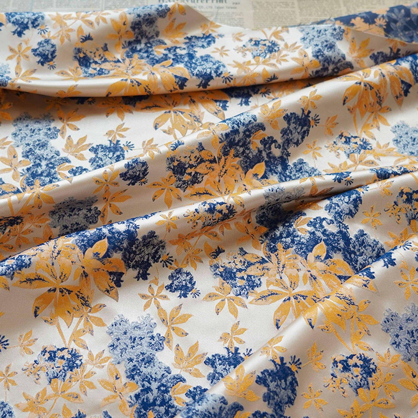 Floral Jacquard Fabric: Oil Painting Style, Blue & Gold, 59" Wide