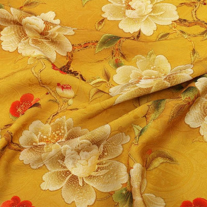 Golden Yellow Blossom Branch Lightweight Brocade Jacquard Fabric ��� Shiny Floral Material for Cheongsam & D